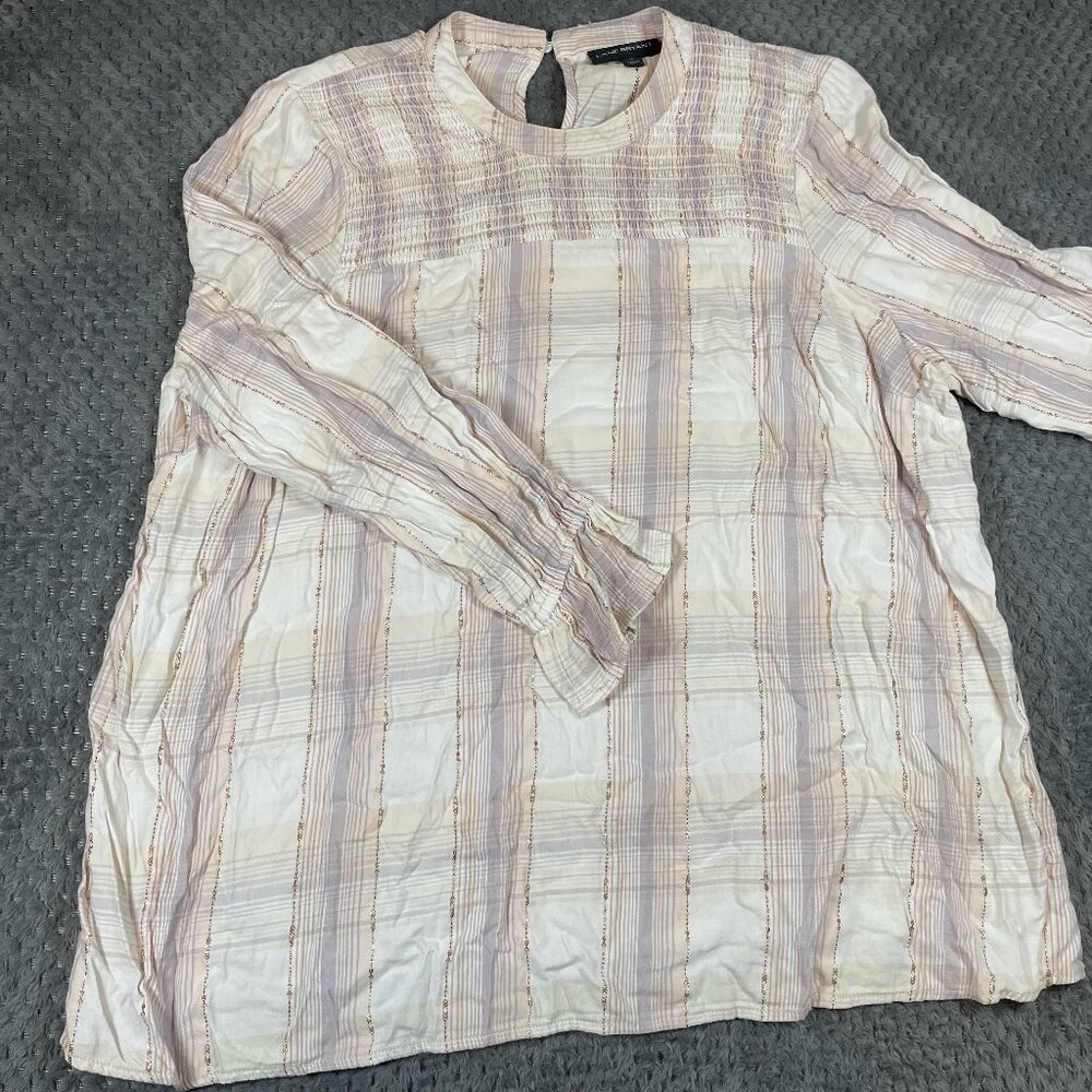 Lane Bryant Blouse Womens Size 18 Plaid Smocked‎ Detail Metallic Peasant